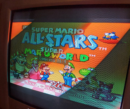 CRT with a 4:3 SNES game in 16:9 aspect ratio