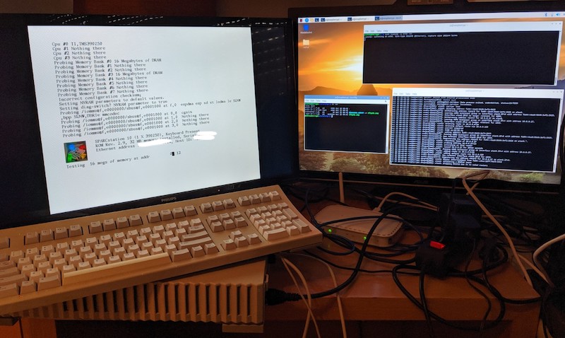 SPARCstation booting (left) + Raspbian OS helping it (right)